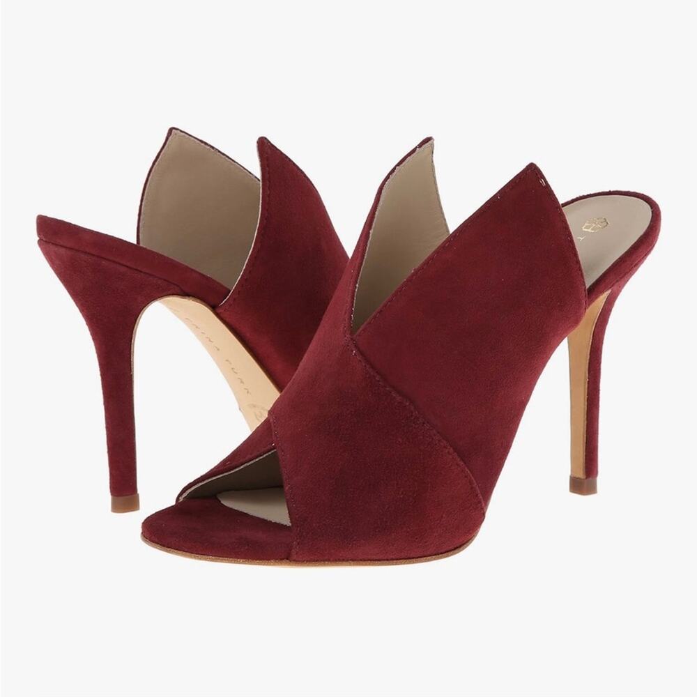Trina Turk RARE Laguna Tawny Port Deep Burgundy Suede Mules Heels Women’s Size 8